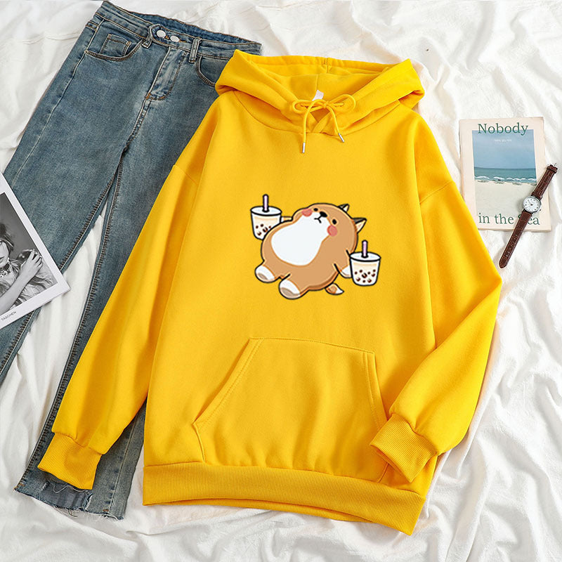 European and American cross-border autumn and winter new loose women's clothing aesthetic illustration Shiba Inu drinking milk tea hooded sweatshirt sweater