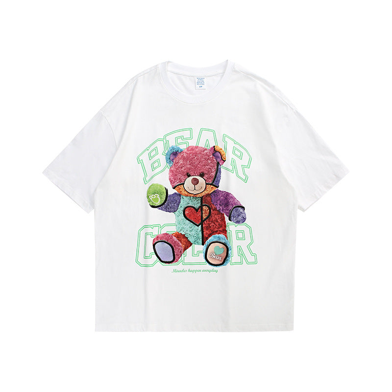 European and American new trendy brand rainbow plush bear loose national trend short-sleeved t-shirt