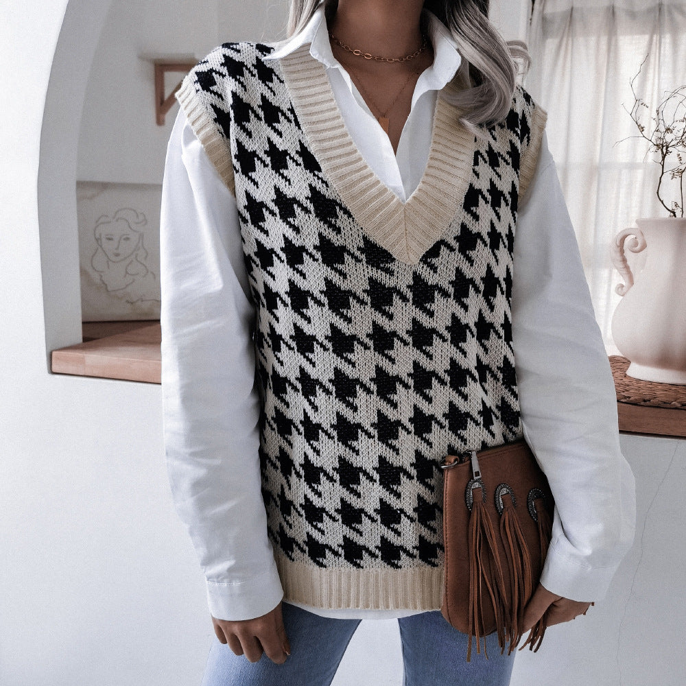 European and American V-neck houndstooth casual loose knitted vest sweater vest