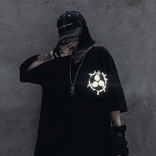 Japanese reflective Harajuku style dark symbol printing loose sleeves T-shirt