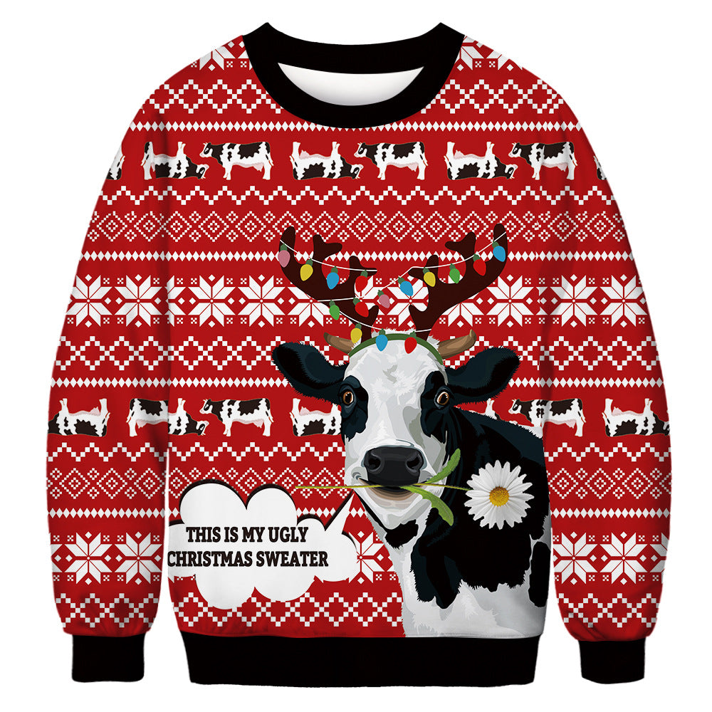 New Christmas cat digital printing couple autumn long-sleeved round neck sweater loose pullover