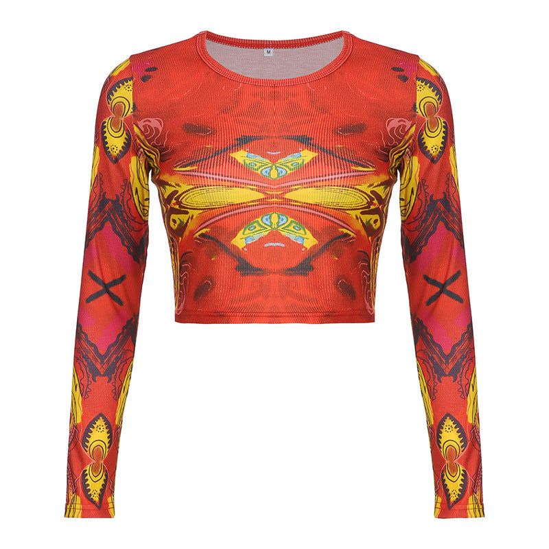 European and American street retro symmetrical print ribbed top