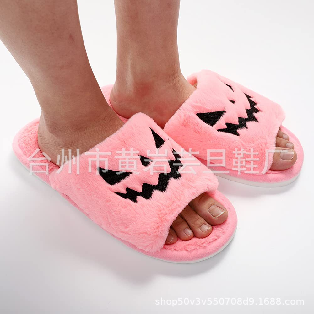 Slippers Women's Halloween Pumpkin Lantern Slippers Soft Plush Comfort Open Toe Outer Wear Plush Slippers