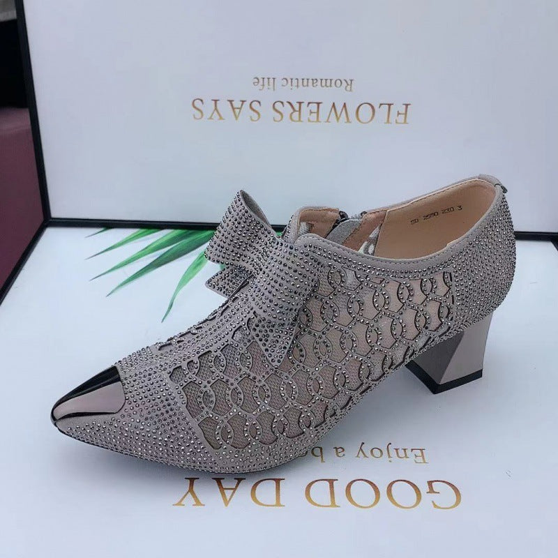 Hollow mesh single shoes women's new all-match thick-heeled medium-high-heeled pointed black zipper sandals women's shoes