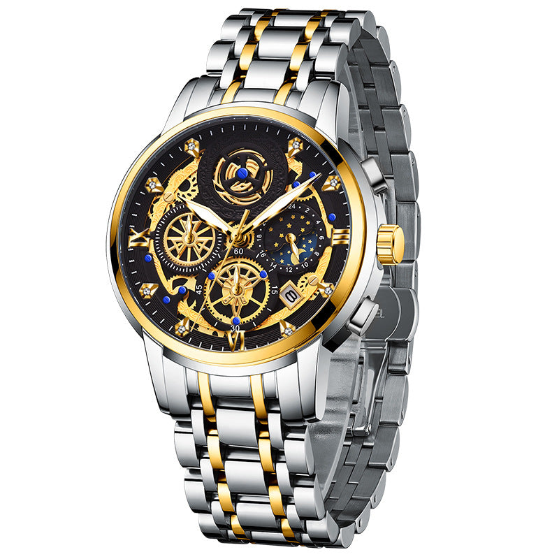 Popular watch men's stainless steel multi-function quartz watch non-mechanical watch watch hollow carved men's watch