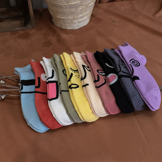 Thin smiling face cartoon shallow mouth casual tide ins breathable personality clear college style socks