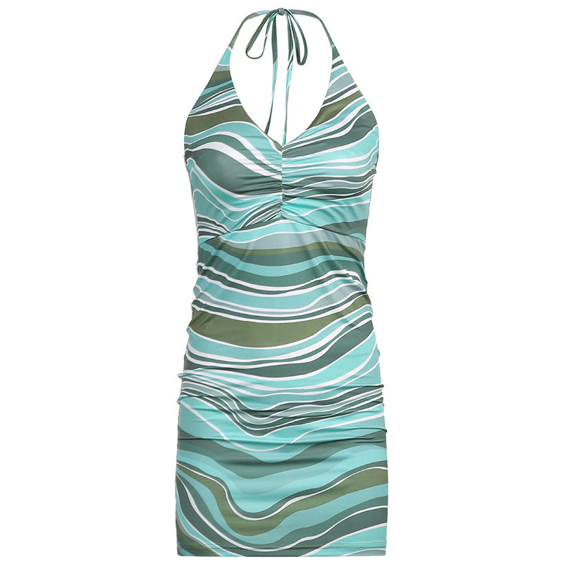 European and American style personality whirlpool water ripple print V-neck halter slim bag hip open back dress