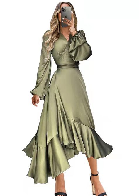 European and American women's clothing wish Dunhuang deep V long-sleeved dress solid color slim fit