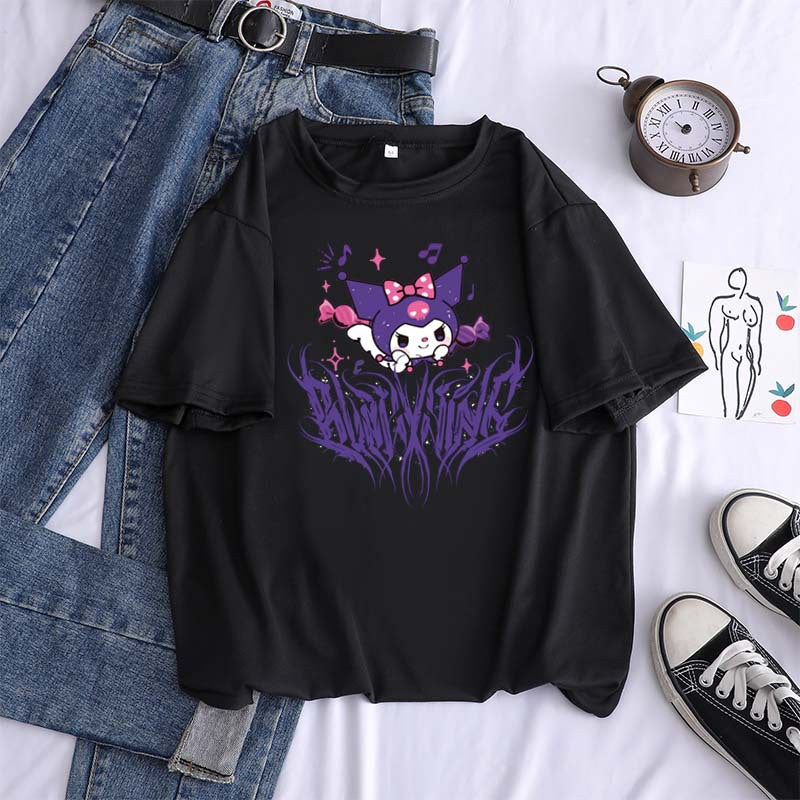 Harajuku cartoon gothic print short-sleeved T-shirt female summer street o neck sweet girl t-shirt