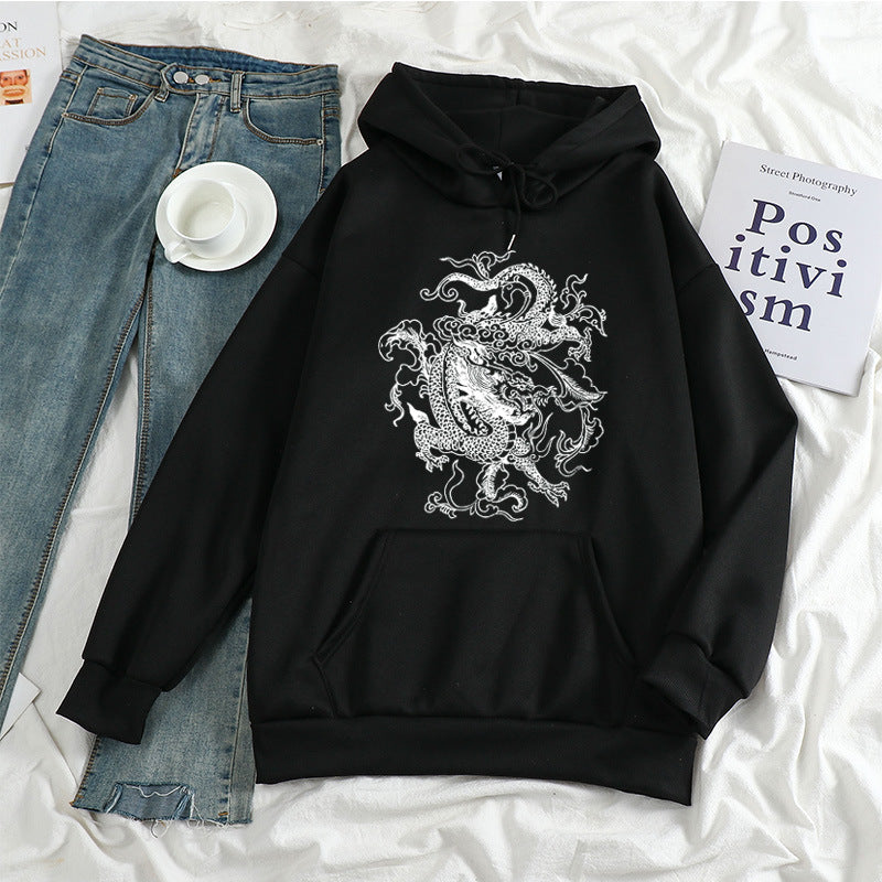 European and American cross-border women's clothing aesthetic illustration dragon printing casual hooded sweater