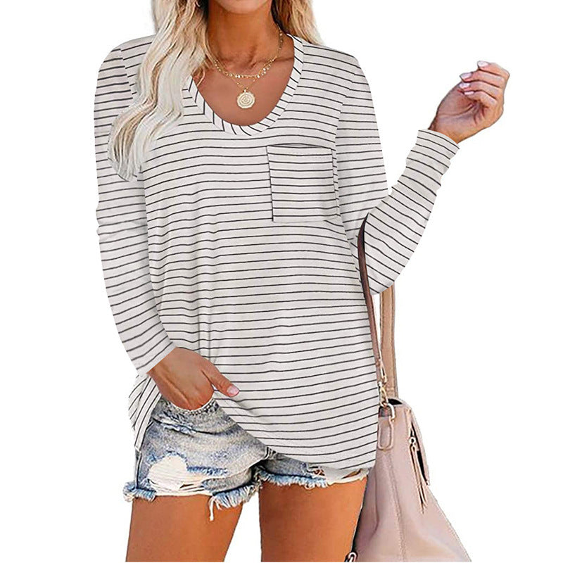 European and American cross-border round neck striped pocket casual long-sleeved loose top T-shirt