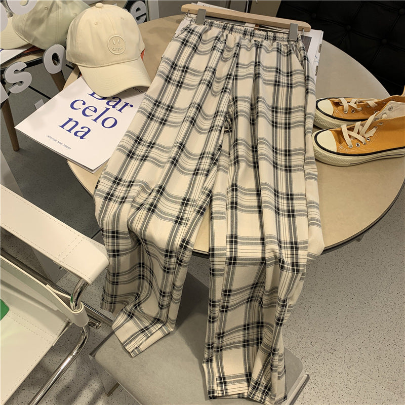 Retro high-waisted plaid pants women's spring new style is thin and sagging thin chiffon wide-leg casual pants