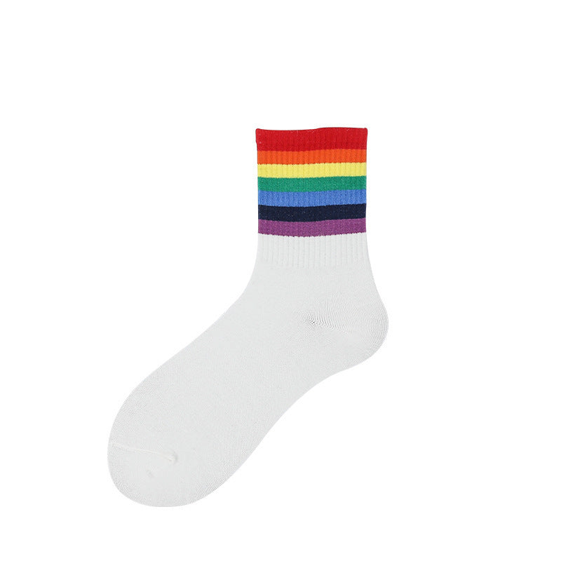 Socks female spring rainbow socks ladies simple medium tube cotton socks fresh striped cotton stockings