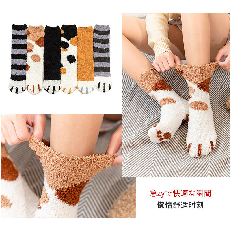 Coral fleece mid-tube socks women's thickened warm cartoon cat claw socks sweet floor socks confinement sleep socks