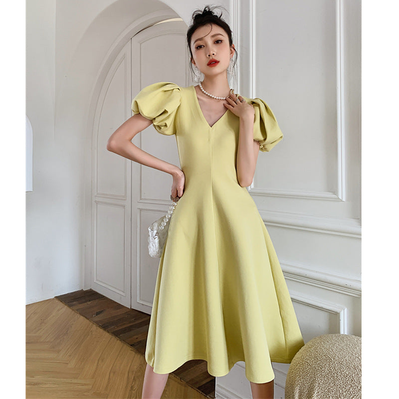 new light yellow V-neck dress women's mid-length puff sleeves French waist A-line skirt