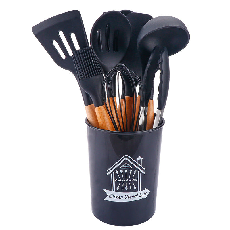 Storage barreled wooden handle silicone kitchen utensils 11 sets of silicone kitchen utensils set non-stick pot spatula spoon set