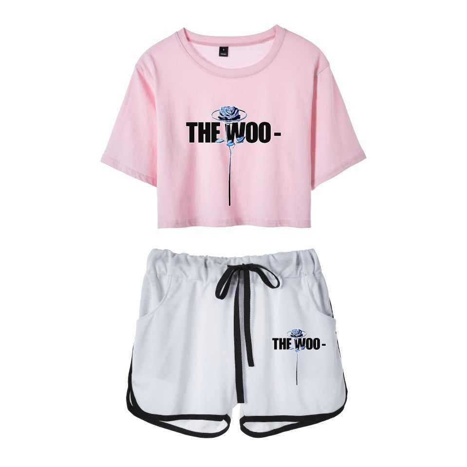 Fashion rapper series around dance cropped navel short-sleeved shorts women's suit T-shirt