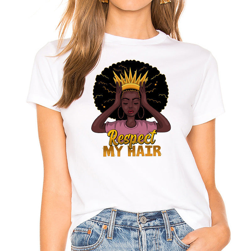 European and American Casual Cartoon Feminism Cartoon African Girl Printed Ladies T-shirt