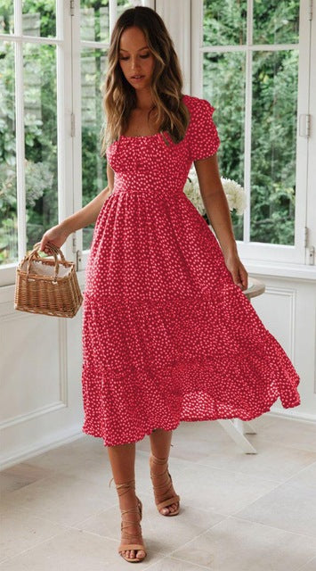 Europe and the United States popular square neck puff sleeve floral dress long skirt