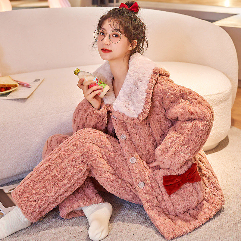 New jacquard coral velvet pajamas women's plus velvet thickened three-layer quilted can be worn outside casual homewear