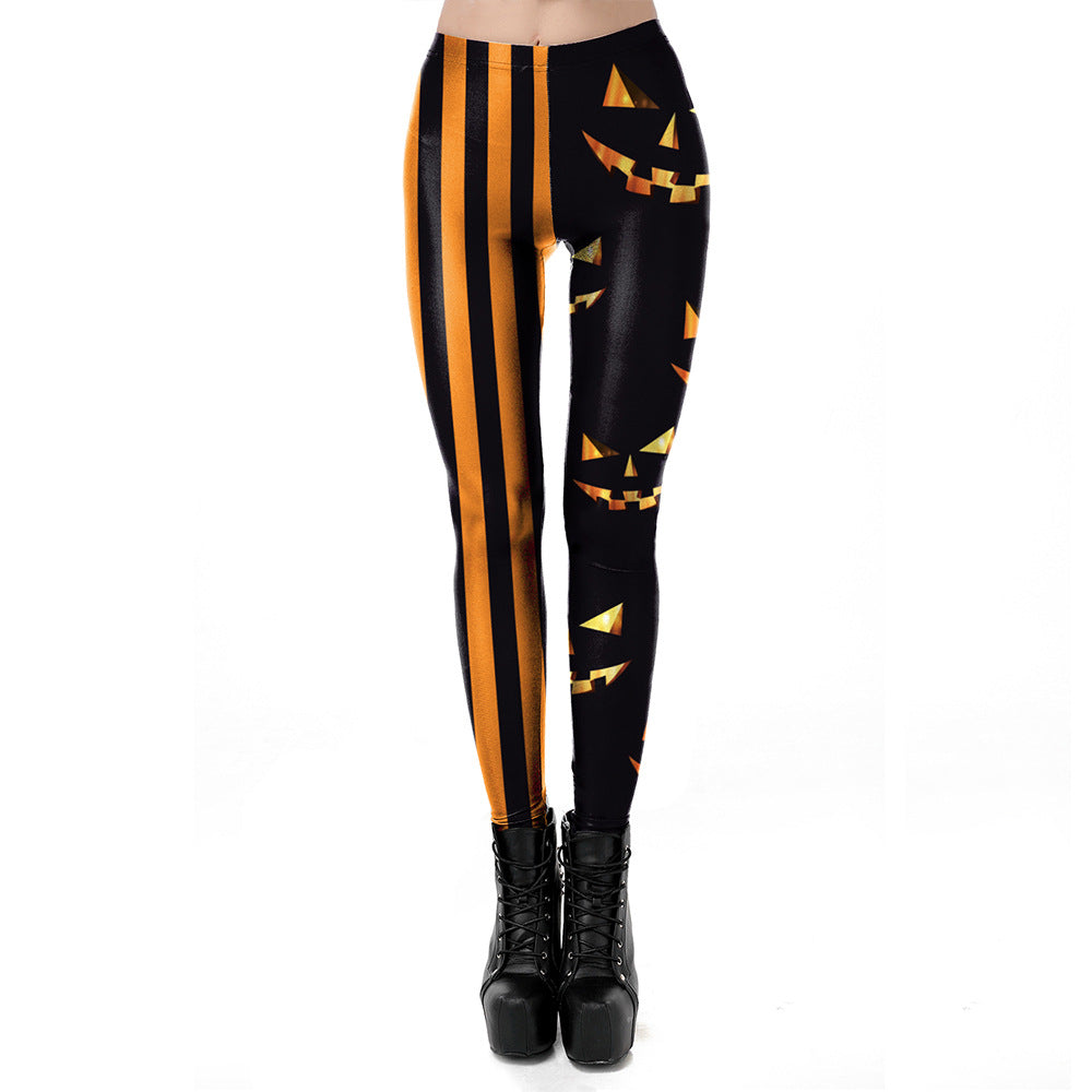 Halloween Carnival New Costume Funny Pumpkin Head Pattern Stretch Leggings Women