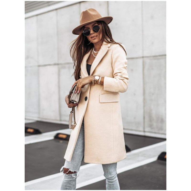 European and American cross-border autumn and winter simple long-sleeved button woolen coat