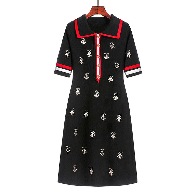 European and American short-sleeved embroidered POLO collar small bee dress A swing French elegant dress