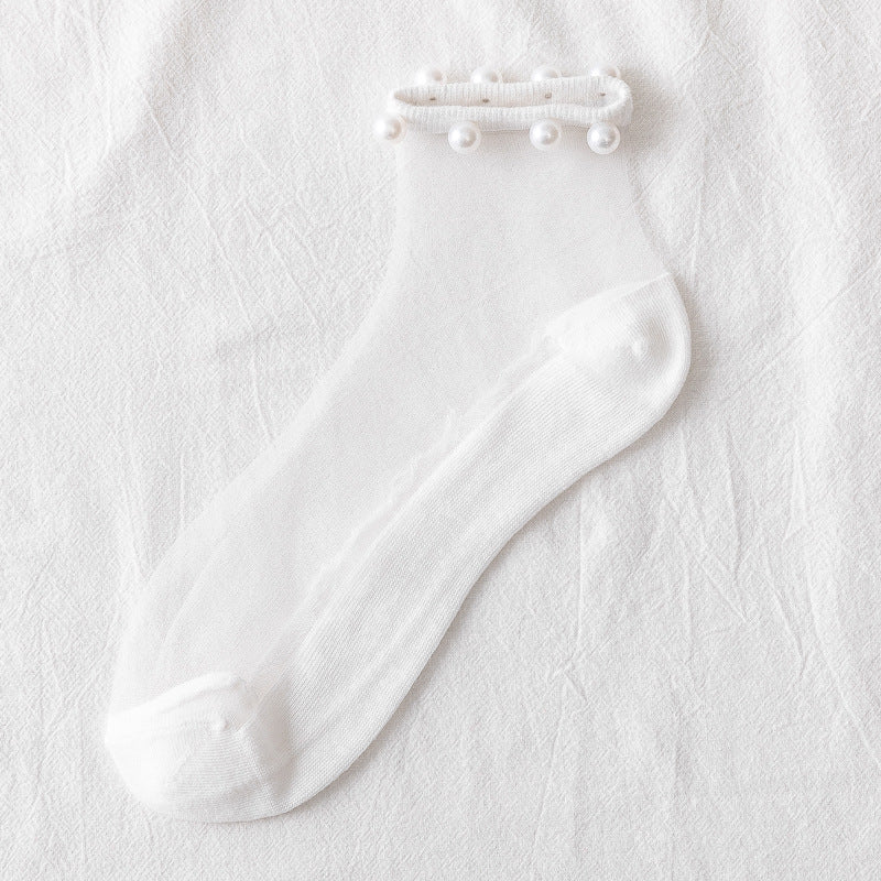 Pearl transparent glass silk women's socks thin Korean cotton socks card silk boat socks vibrato stall