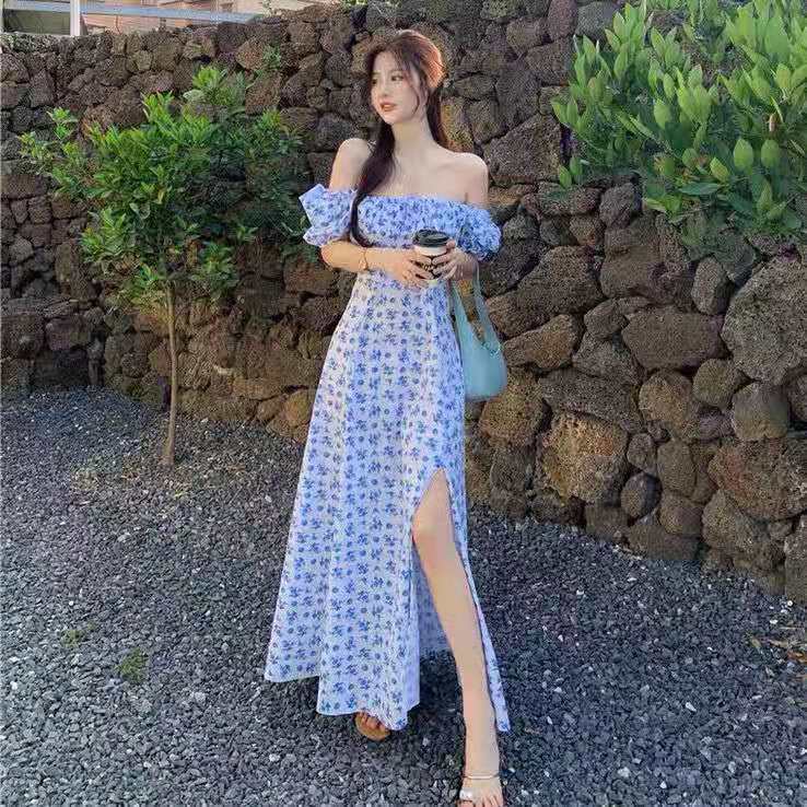 French Tea Break Square Collar Floral Dress Women's Summer New Super Fairy Sen First Love Bellflower Sweet Split Skirt