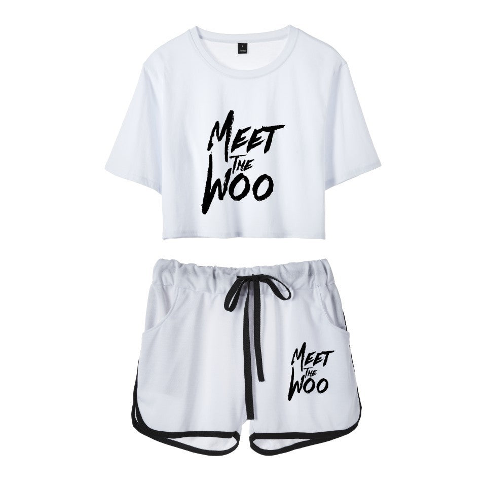 Fashion rapper series around dance cropped navel short-sleeved shorts women's suit T-shirt