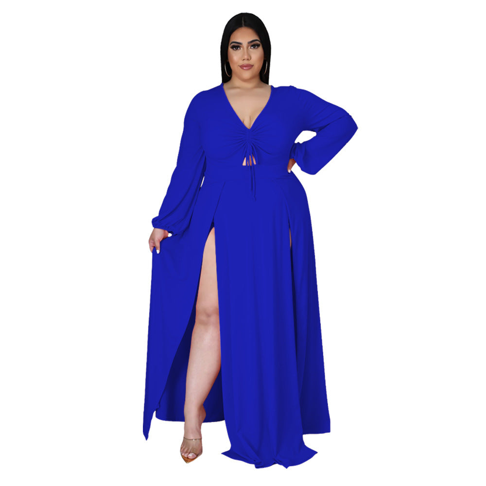 European and American fashion sexy V-neck solid color plus size dress