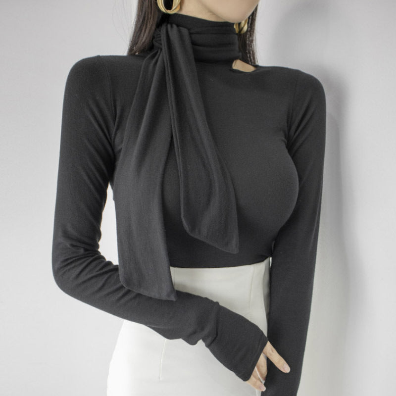 Korean Dongdaemun slim slimming stand-up collar tie bottoming shirt long-sleeved T-shirt top