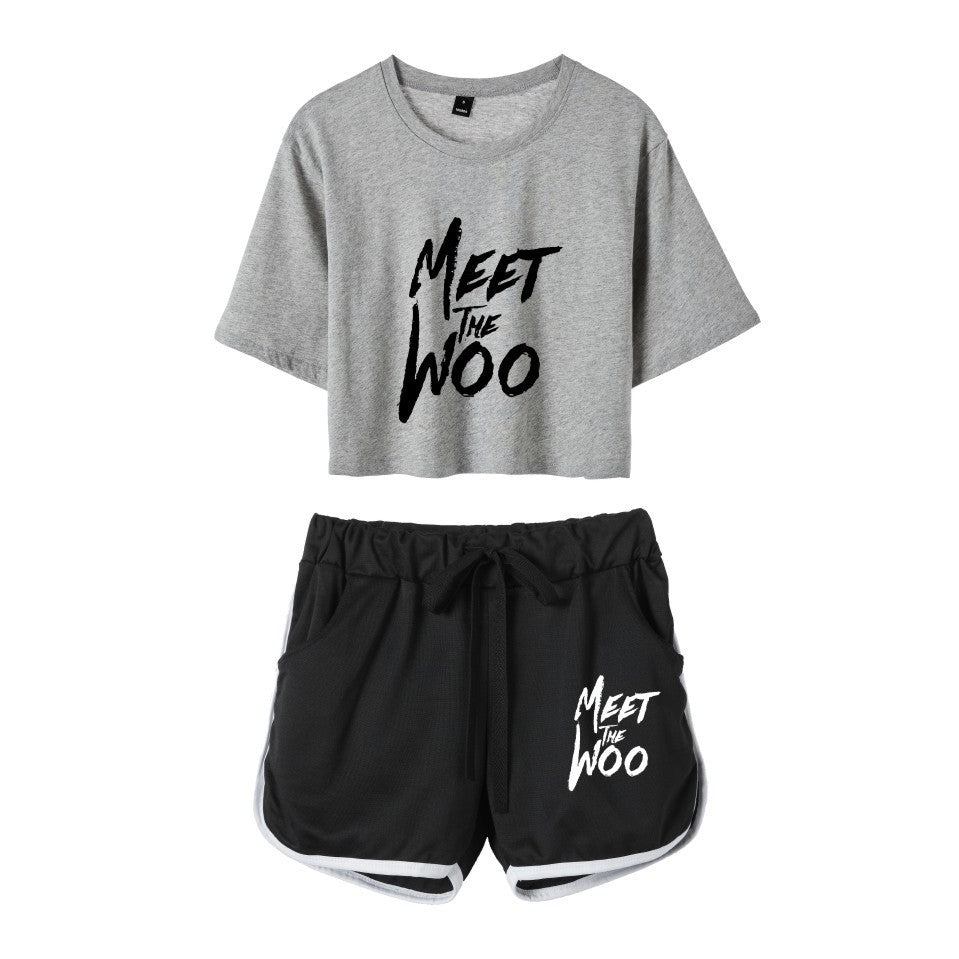 Fashion rapper series around dance cropped navel short-sleeved shorts women's suit T-shirt