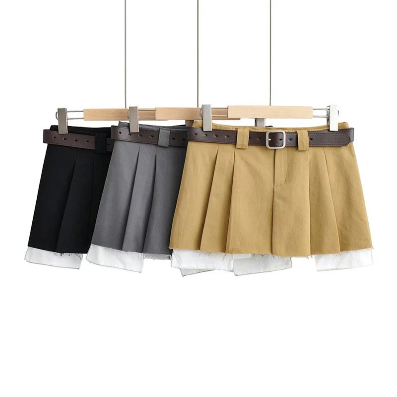 College style burr design tooling skirt sweet girl short skirt new metal buckle belt A-line skirt