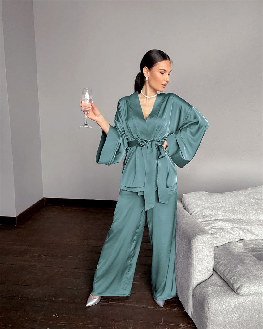 Satin long-sleeved cardigan lace-up nightgown suit women home loose trousers nightgown