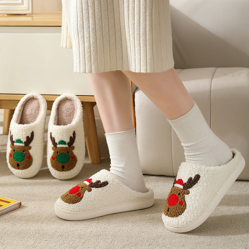 New Christmas elk cotton slippers for men and women cute non-slip couple indoor plush cotton shoes