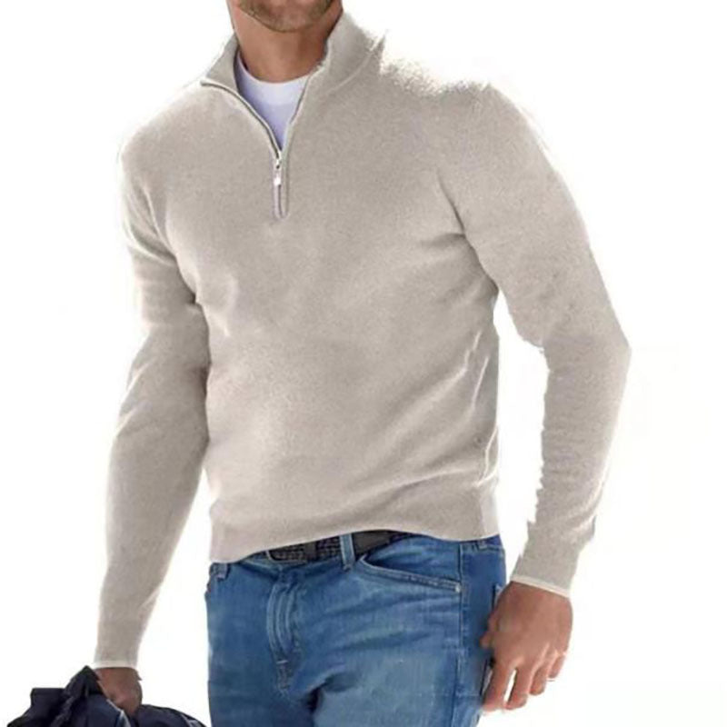 European and American long-sleeved V-neck cashmere zipper men's casual top polo shirt