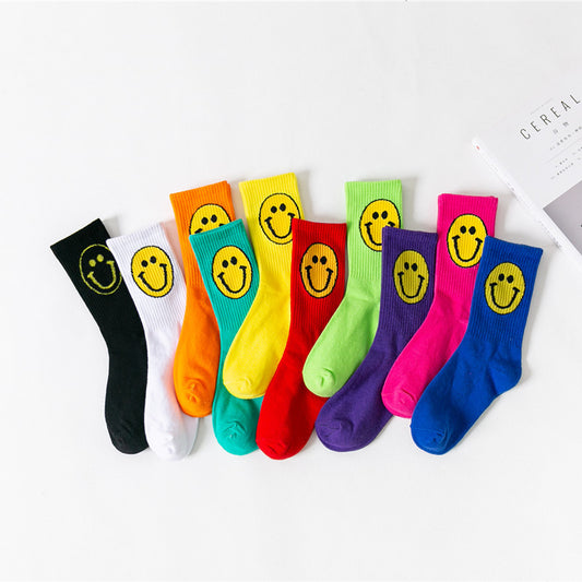 Mid-tube socks women's new thin section women's socks candy-colored cartoon smiling face piles of socks