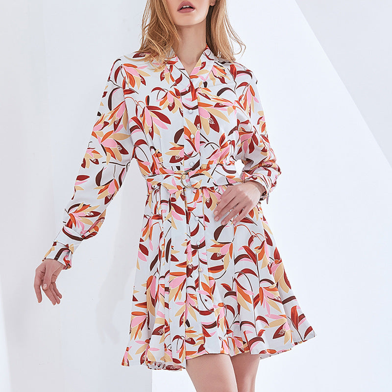 European and American fashion V-neck retro printed ruffled bright single-breasted waist dress