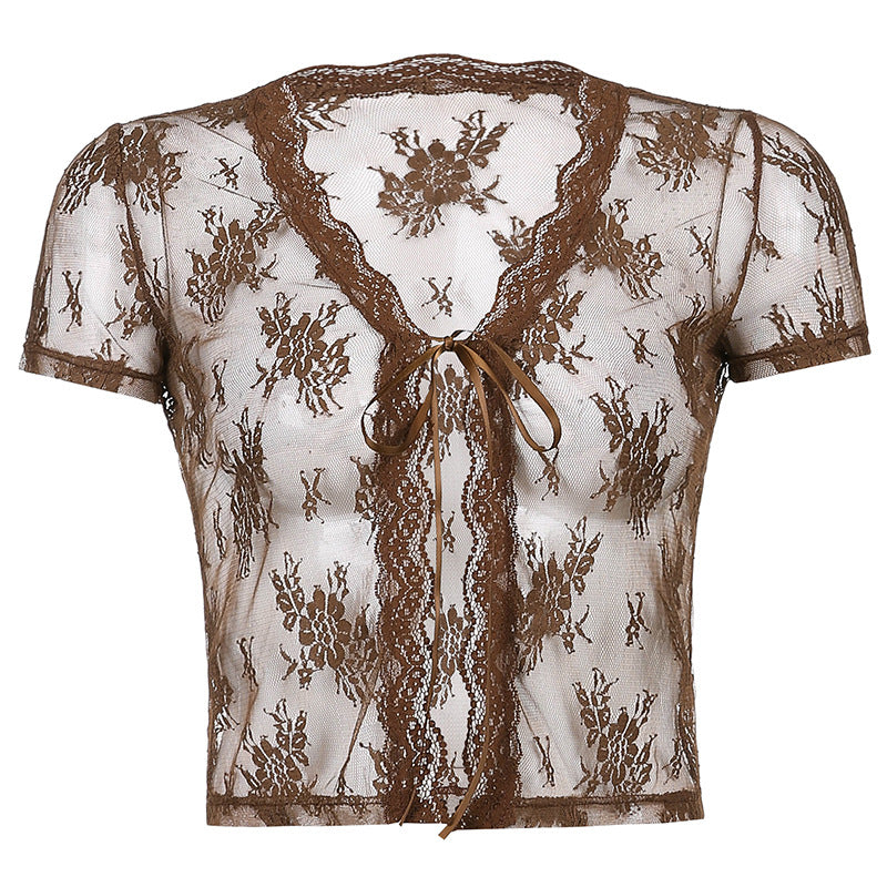 European and American sexy lace perspective cardigan straps V-neck slimming short-sleeved top T-shirt