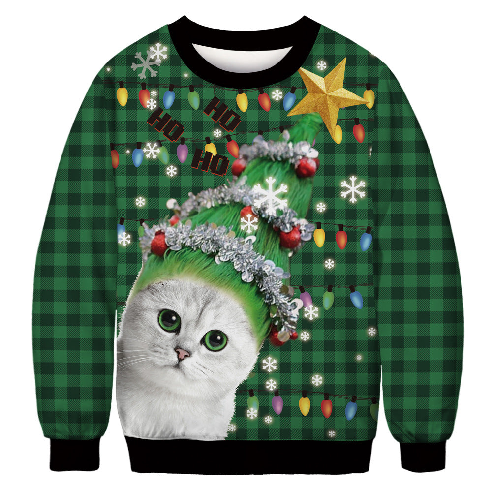 New Christmas cat digital printing couple autumn long-sleeved round neck sweater loose pullover