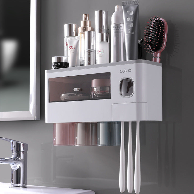 Toothbrush holder toothbrush rack squeeze toothpaste mouthwash cup punch-free wall-mounted tooth cylinder bathroom storage set