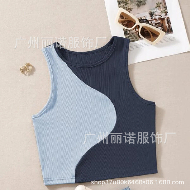 European and American New Ladies Thread Knit Colorblock Sleeveless Sexy T-Shirt