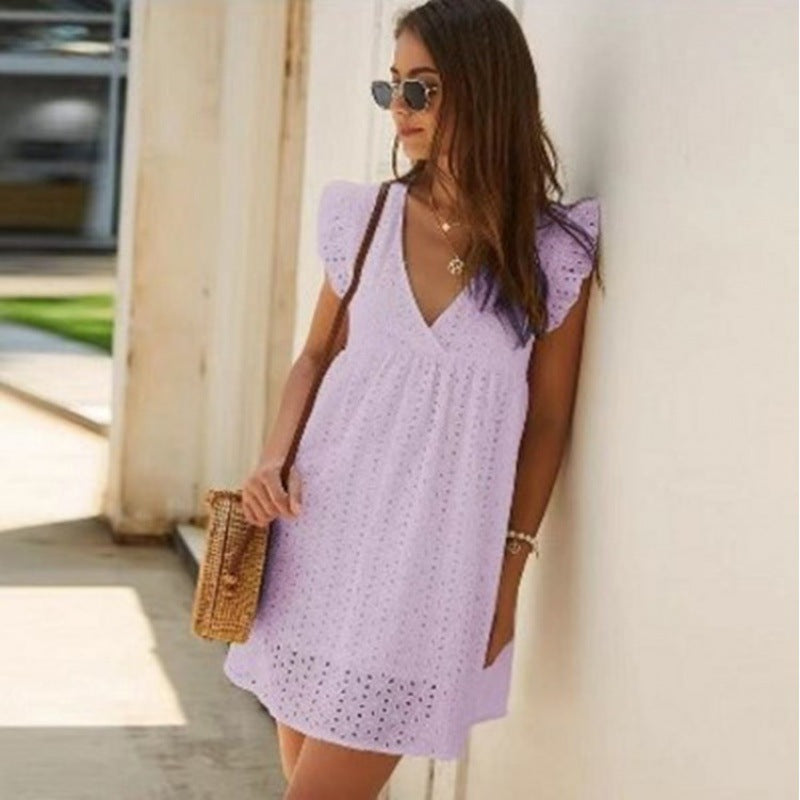 European and American V-neck short-sleeved lace dress