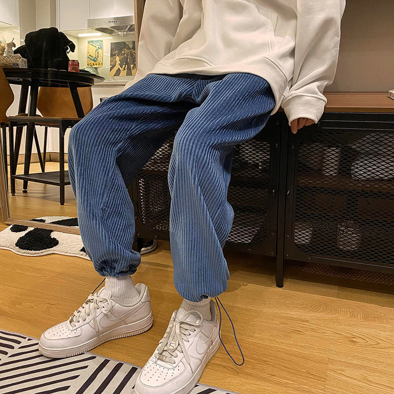 Corduroy radish pants men's new high waist drooping loose beam feet nine points dad Harlan pants ins tide