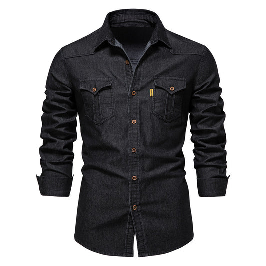 New American size denim non-ironing shirt men's casual solid color non-ironing men's long-sleeved shirt