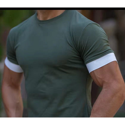 European and American new products muscle fitness short-sleeved t-shirt men's summer moisture wicking round neck top men's casual sports T-shirt