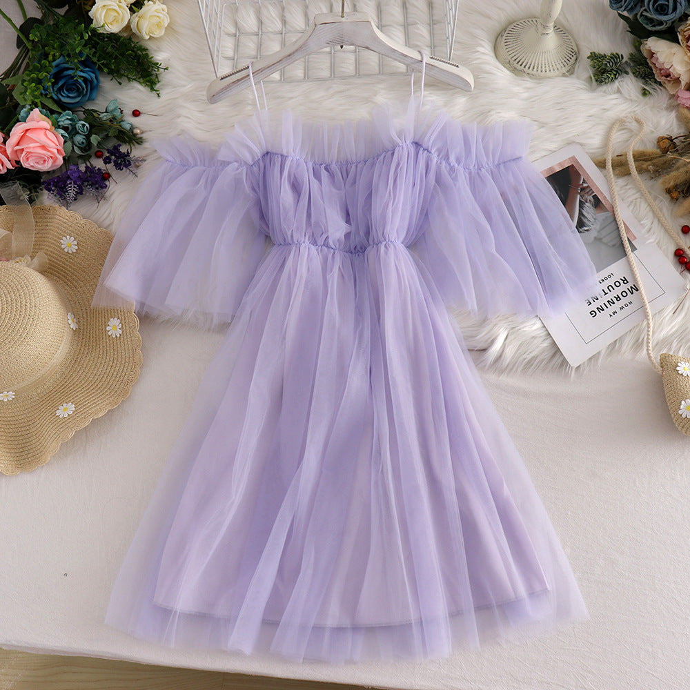 Sweet super fairy one-shoulder suspender skirt new Korean version of the scheming off-the-shoulder fairy mid-length mesh dress