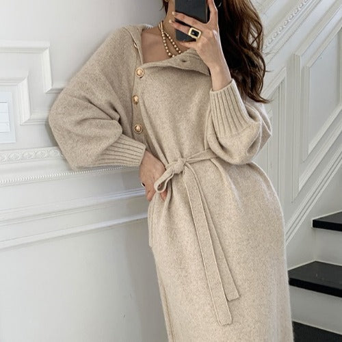 Japanese and Korean lace-up waist knitted dress loose and thin all-match turtleneck long sweater