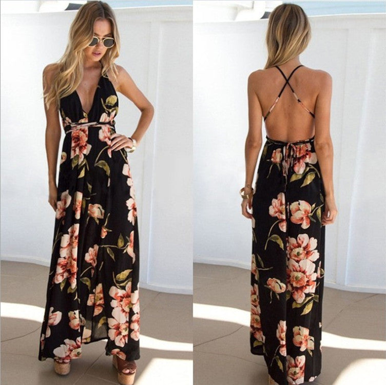 Women's Sexy Printed Sling Halter Slit Beach Dress